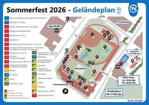 Geländeplan des TVC Sommerfests 2026 mit Ständen, Mitmachaktionen, Aktionsfläche, Haupteingang, Biergarten und wichtigen Orientierungspunkten.
