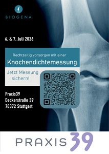 Bewerbung zur Knochendichtemessung von Biogena am 6. und 7. Juli 2026 in der Praxis39 in der Deckerstraße 39 in Stuttgart-Cannstatt.