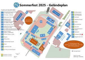 Alle Highlights des TVC Sommerfests 2025 auf einen Blick: Der Geländeplan zeigt Stationen, Aktionen und Verpflegung. Änderungen vorbehalten.