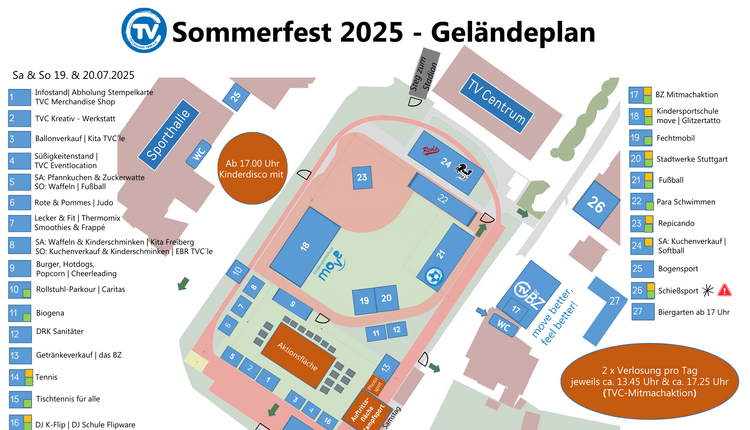 Alle Highlights des TVC Sommerfests 2025 auf einen Blick: Der Geländeplan zeigt Stationen, Aktionen und Verpflegung. Änderungen vorbehalten.