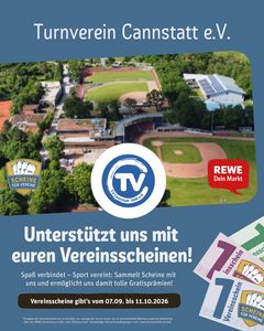 Grafik zur Aktion REWE Scheine für Vereine 2026 mit Hinweis, dass der TV Cannstatt wieder teilnimmt.